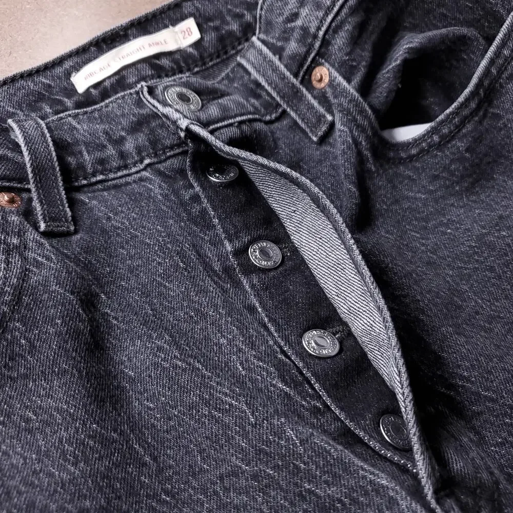 Levi's Premium Ribcage Straight Ankle Jeans Button Fly Stretch Women 28 Black - Picture 12 of 15